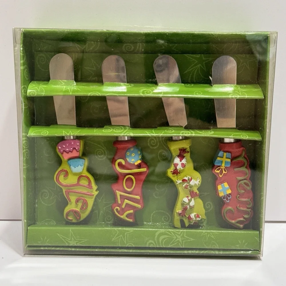 Set of 4 Stainless Steel Knives Spreaders Christmas Merry Glee 5.5